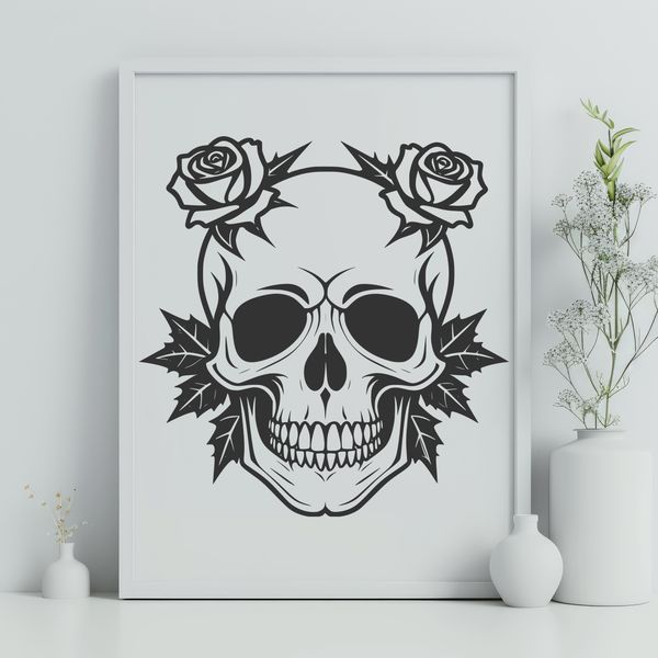 Free SVG Clip Art Design - Rose-Adorned Skull A stylized illustration of a skull adorned with a rose, suitable for various digital design applications.