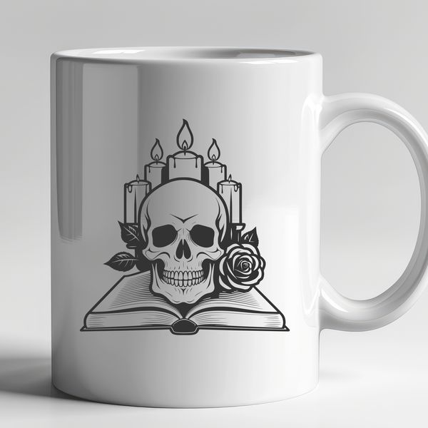 Beautiful Gothic Illustration of a Skull A detailed illustration of a gothic-inspired skull surrounded by a rose, with a candle and book in the background.