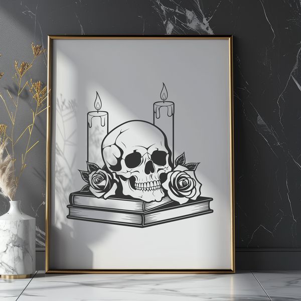 Gothic Skull Decorations Vector Art A detailed illustration of a Gothic-style skull surrounded by various symbols and decorations.