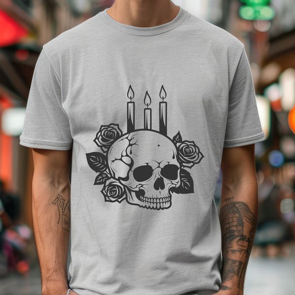 Ornate Gothic Skull with Rose A stylized, ornate skull with a rose nestled within its jawbone, surrounded by a subtle hint of candlelight.