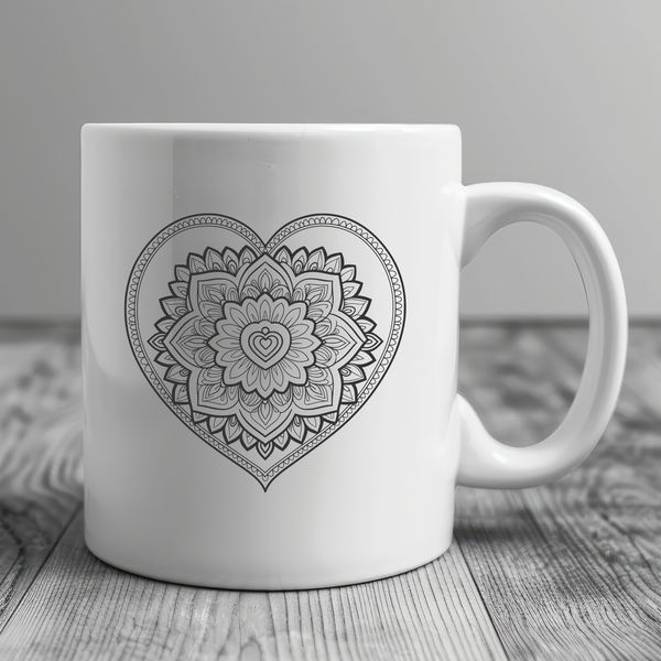 A detailed mandala design in the shape of a heart, created with intricate patterns and symbols.