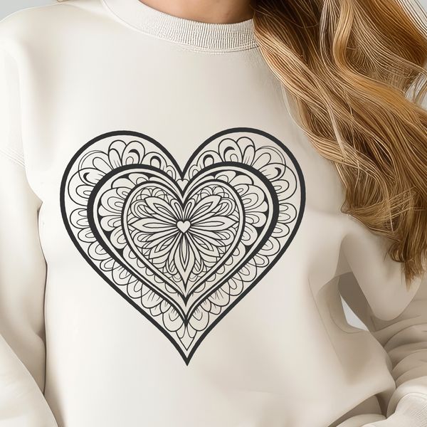 A colorful mandala heart design made from intricate patterns, perfect for cutting or laser cutting.