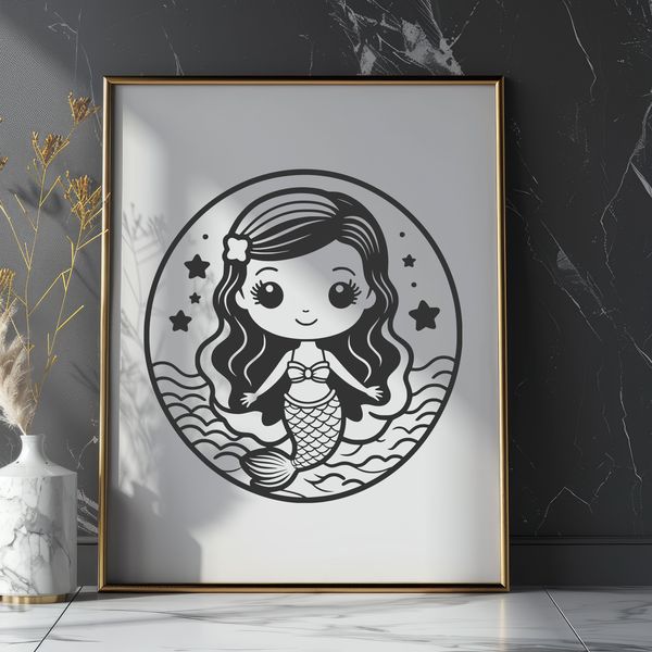 Lovely Sea Siren Artwork Illustration of a mythical mermaid with flowing locks of hair and shimmering tail.