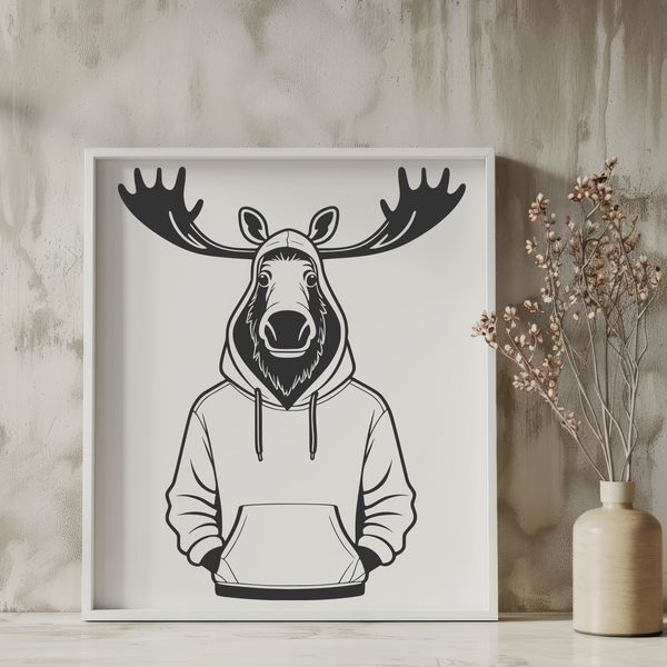 A majestic moose illustration A realistic illustration of a wild animal, specifically a large ungulate with antlers and a distinctive set of hooves.