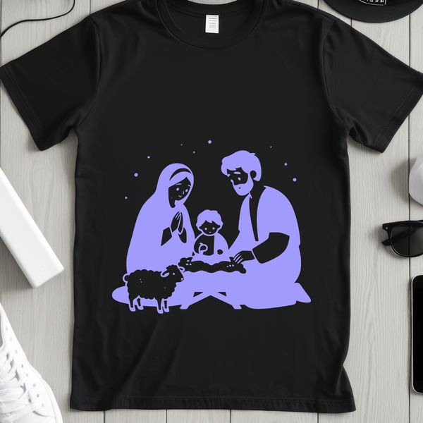 A traditional Nativity scene illustration featuring the Holy Family in a peaceful winter setting.