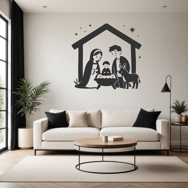 A traditional Christmas nativity scene, designed as a vector graphic, suitable for commercial or personal use.