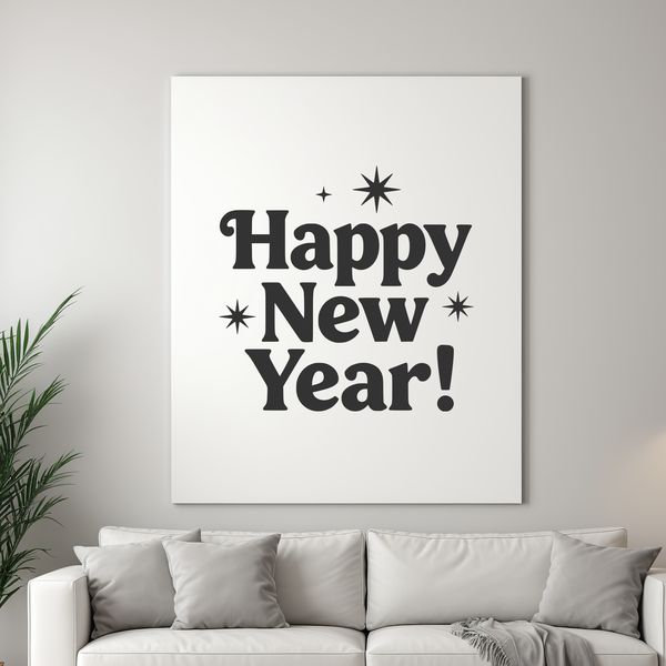 A stylized illustration of a New Year's theme with bold typography and minimalist design.