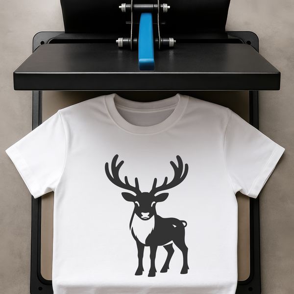 A silhouette of a reindeer against a white background, suitable for commercial or personal use in digital designs.