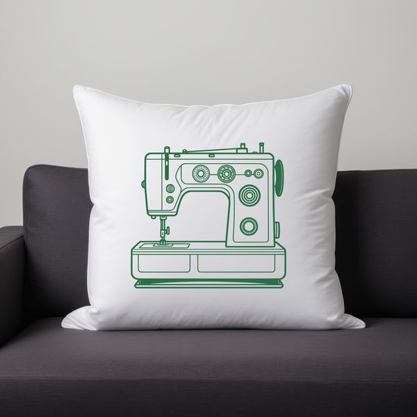 A detailed illustration of a sewing machine with various components and features.