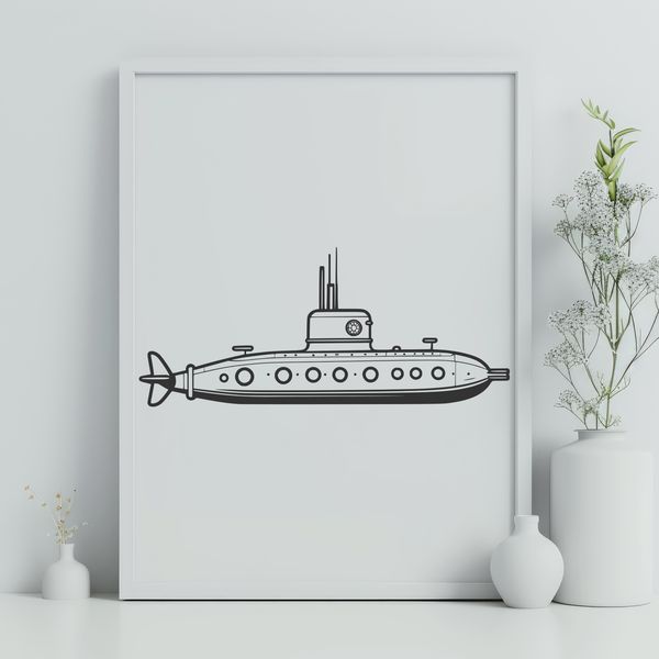 Stylized Submarine Illustration A stylized illustration of a military-grade submarine with sleek lines and detailed features.