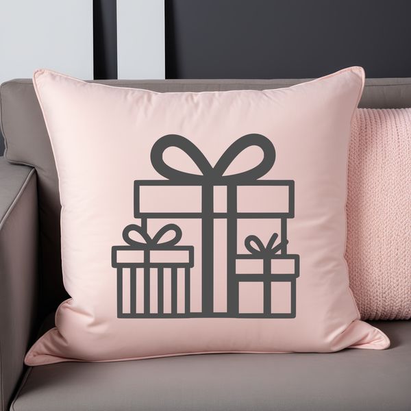 A stylized illustration of a wrapped present in a festive box.