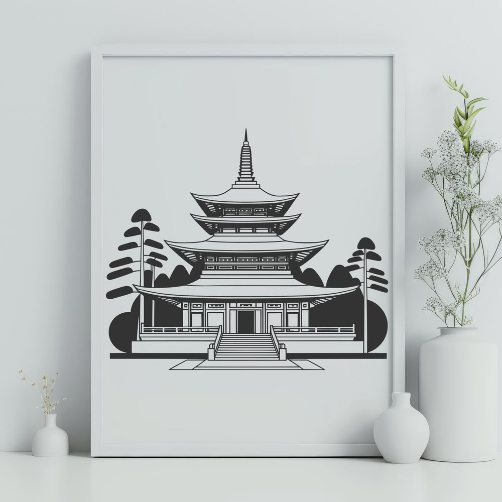 Intricate Buddhist Temple Structure A detailed illustration of a traditional Buddhist temple structure with intricate design elements.