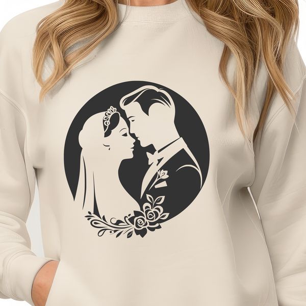 Lovely Wedding Scene SVG A cartoon illustration of a bride and groom exchanging vows in a romantic outdoor setting.