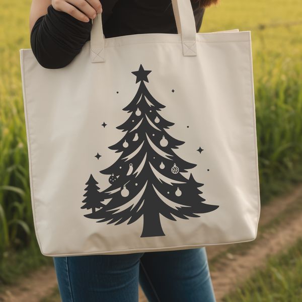 A traditional Christmas tree with ornaments and lights, suitable for various designs and crafts.
