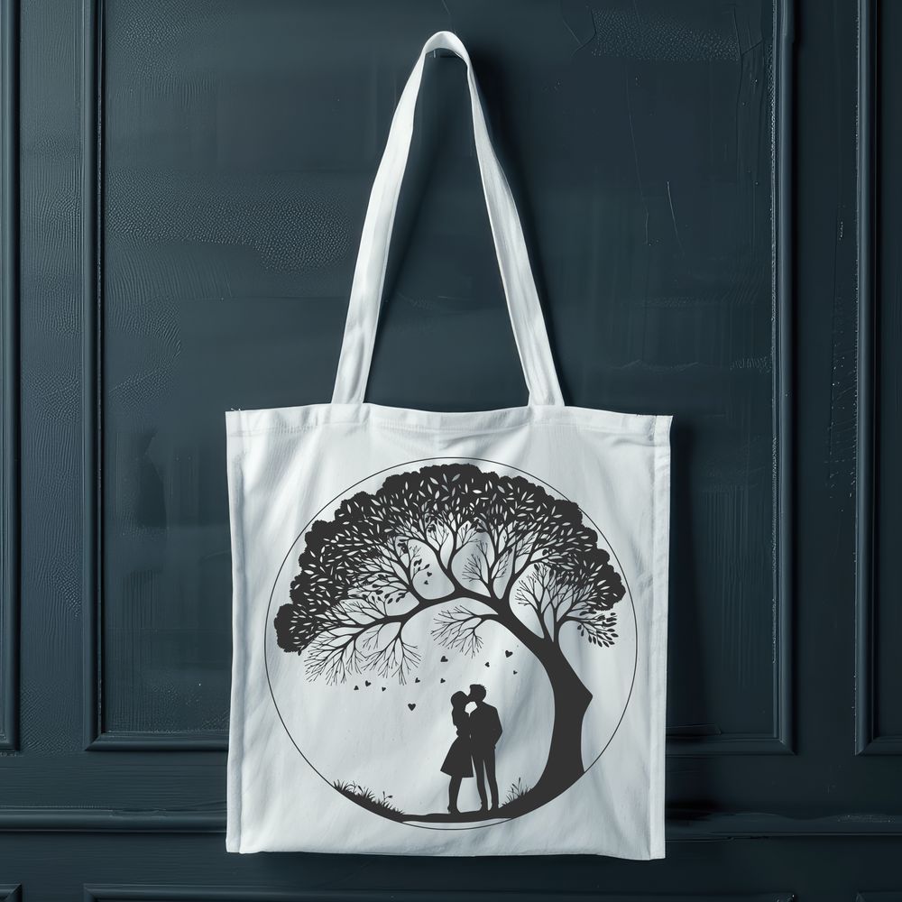 Embracing Hearts Under Branches A stylized illustration of an embracing couple under a tree, symbolizing love and connection.