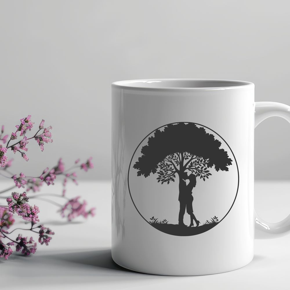 Whimsical Love Tree Illustration A stylized illustration of a tree with two embracing figures at its base, ideal for Valentine's Day or wedding decorations.