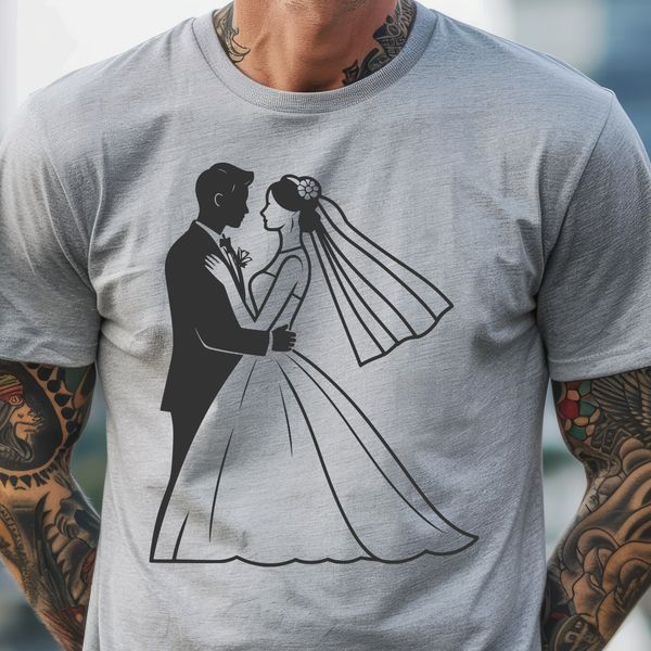 Couple in Love Scene A stylized illustration of a wedding scene featuring a bride and groom.