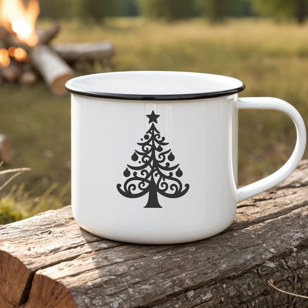 A traditional Christmas tree silhouette with ornaments and lights.