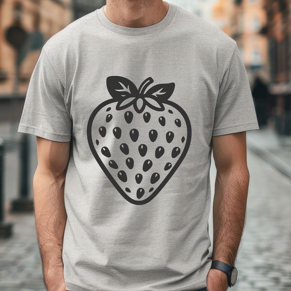 Fresh Strawberry Graphic Illustration An SVG graphic representation of a whole fresh strawberry fruit with green leaves.