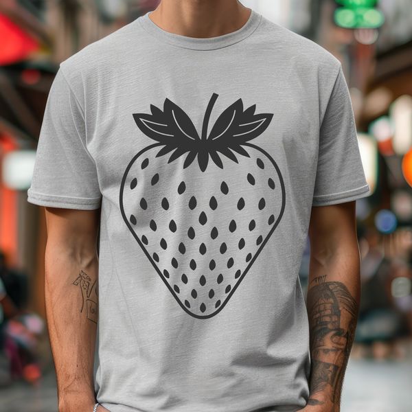 Simple Strawberry Vector Graphic A detailed illustration of a ripe strawberry with seeds and green stem.