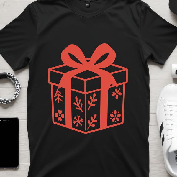 A minimalist illustration of a gift box wrapped with festive paper and ribbon.