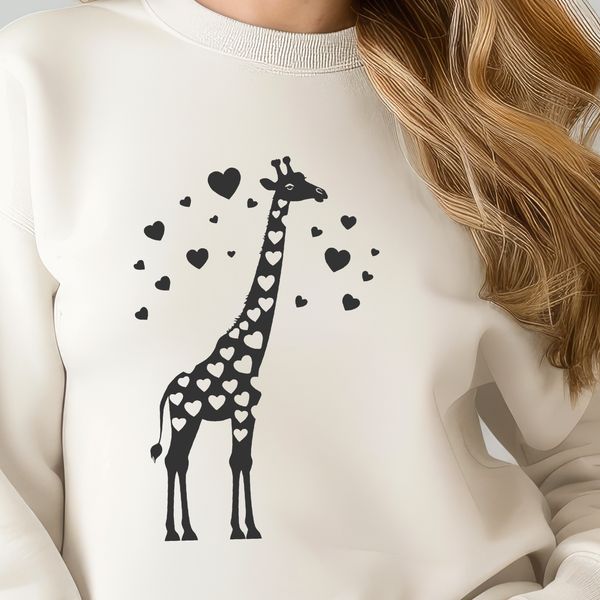 Colorful Giraffe Silhouette with Love Hearts A large, multi-colored giraffe with heart symbols on its body.