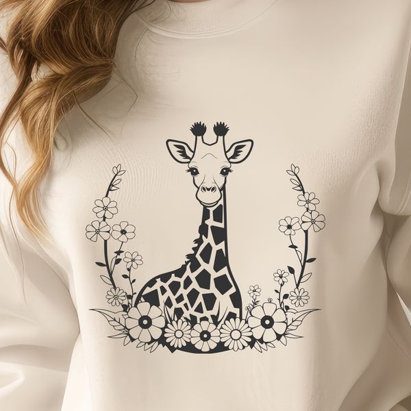 Giraffe in a Blooming Field SVG Illustration A high-quality SVG illustration of a giraffe standing in a field with floral elements.