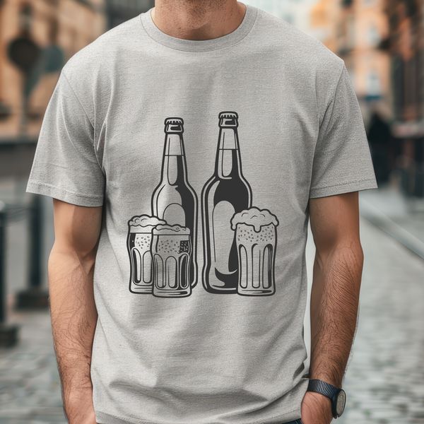 Beautiful Glass of Beer SVG Design A detailed illustration of a beer glass with a foamy head and a bottle in the background.