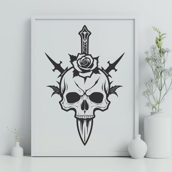Dagger Adorned Skull Illustration A stylized illustration of a skull adorned with a dagger and a rose, suitable for Halloween decorations.