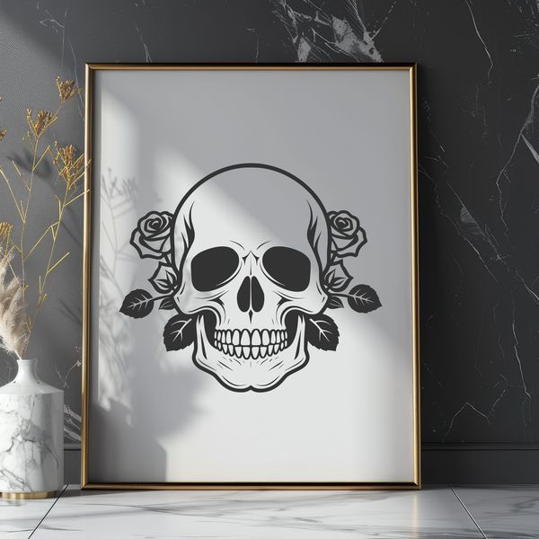 Gothic Illustration of a Detailed Skull A detailed Gothic-style skull illustration with intricate design elements.