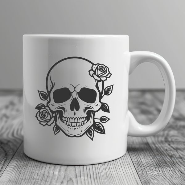 Stylized Skull Art with Intricate Details A stylized gothic skull design featuring intricate details and a prominent rose motif.