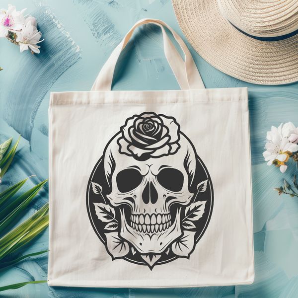 Intricate Rose Wreath Skeleton A stylized Gothic skull with intricate details and a floral wreath featuring a rose, suitable for vector design projects.