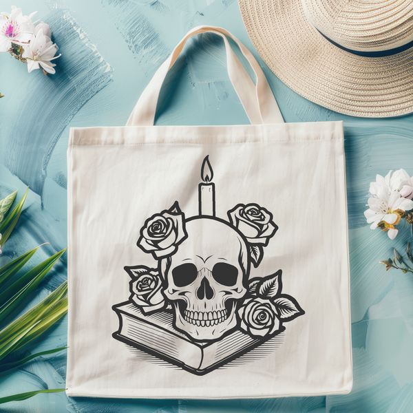 Gothic Skull Design Element A detailed vector illustration of a stylized Gothic-style skull surrounded by various design elements.