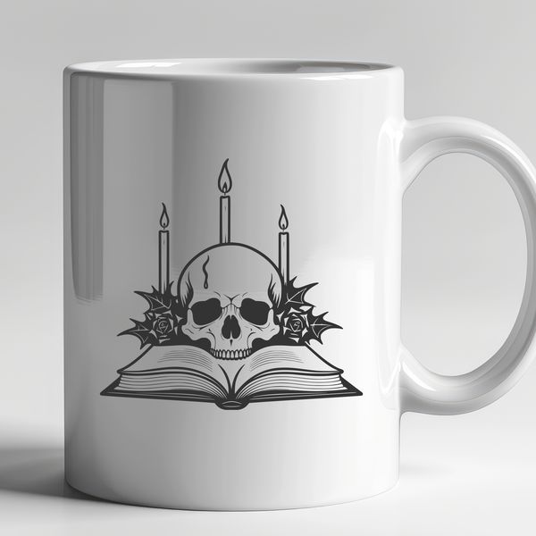 Dark Floral Skull Design A detailed, illustrated skull with a rose and candle nearby, set against a dark background.