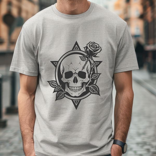 Vintage Rose Adorned Skull Design A stylized illustration of a Gothic-style skull adorned with a floral motif.