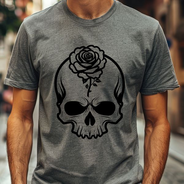 Free Vector Design Skull with Roses A detailed illustration of a Gothic-style skull surrounded by floral elements, suitable for cutting machines and stenciling.