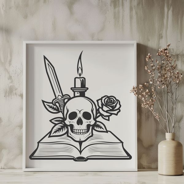 Gothic Dagger Skull Art A stylized skull with a dagger lodged in its forehead, surrounded by a candle and an open book.