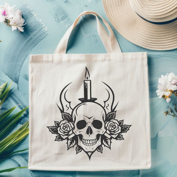 Elegant Skull Illustration with Rose A decorative illustration of a skull surrounded by a rose, with subtle shading and intricate details.