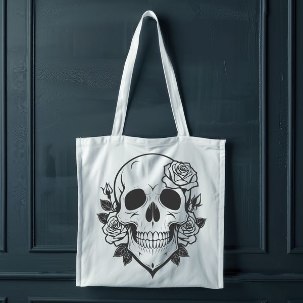 A stylized illustration of a skull adorned with a gothic rose motif, suitable for use in digital designs.