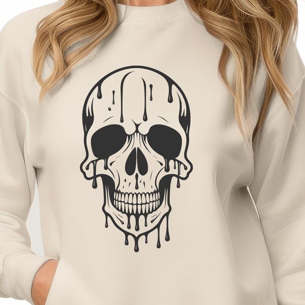 Free Stylized Skull Clip Art A stylized graphic illustration of a skull with dripping details, suitable for Halloween decorations.