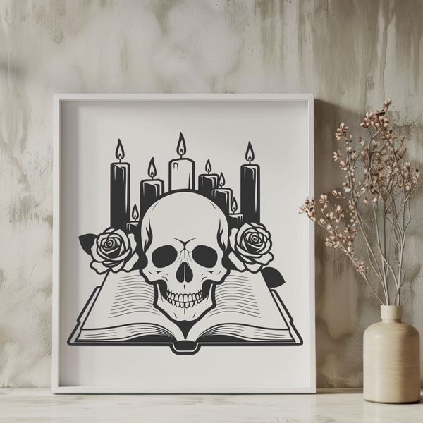 Beautiful SVG Design Element - Stylized Skull A stylized illustration of a Gothic skull surrounded by various elements, suitable for crafting and design projects.