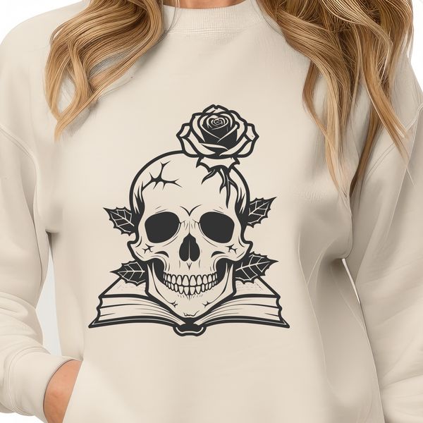 Free SVG Skull Design with Roses A detailed illustration of a skull with floral motifs in a Gothic style.