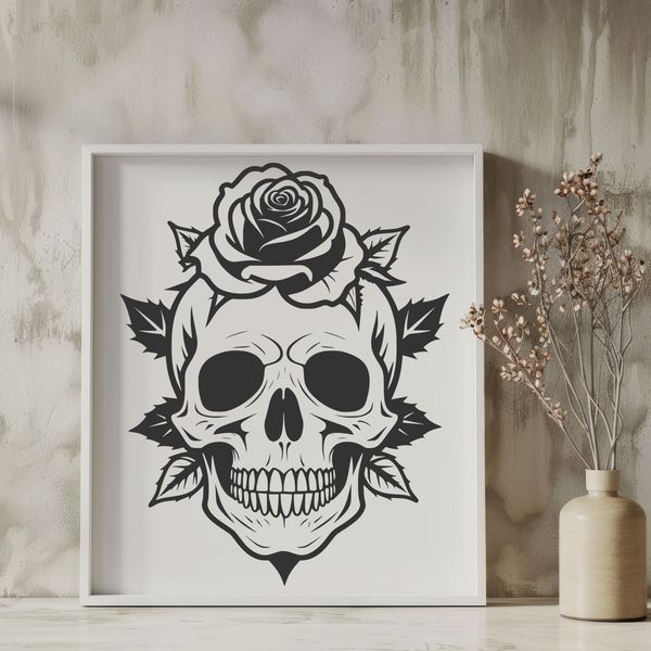 Medieval Style Skull Clip Art A medieval-style skull design featuring a rose, ideal for Halloween decorations or vector art projects.