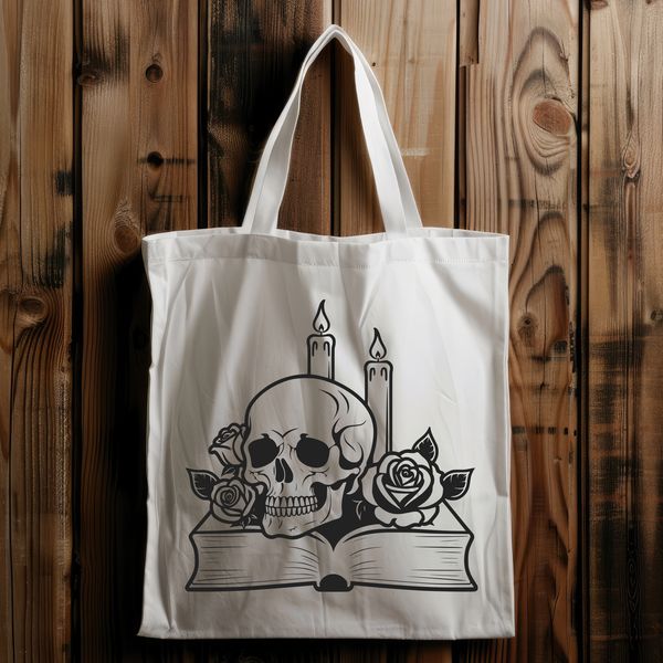 Gothic Skull with Symbolic Accents A detailed illustration of a skull surrounded by various symbols and motifs, including a book and rose.
