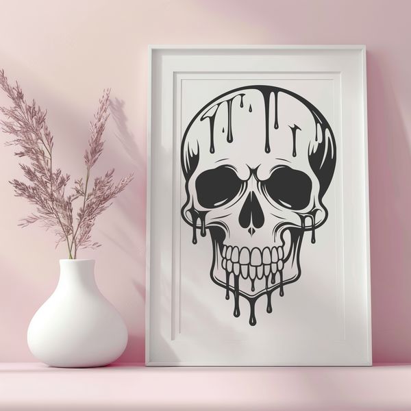 Eerie Dripping Skull Graphic A 2D illustration of a dripping skull with eerie details, suitable for Halloween-themed designs.