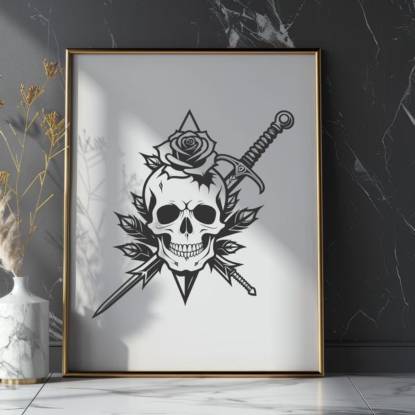 Mysterious Rose Adorned Skull A stylized illustration of a skull with a rose embedded in its forehead, symbolizing the darkness and mystery of Halloween.
