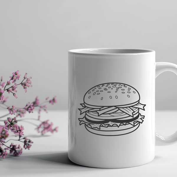 Tasty Food Icon A digital illustration of a classic hamburger with a bun and toppings.