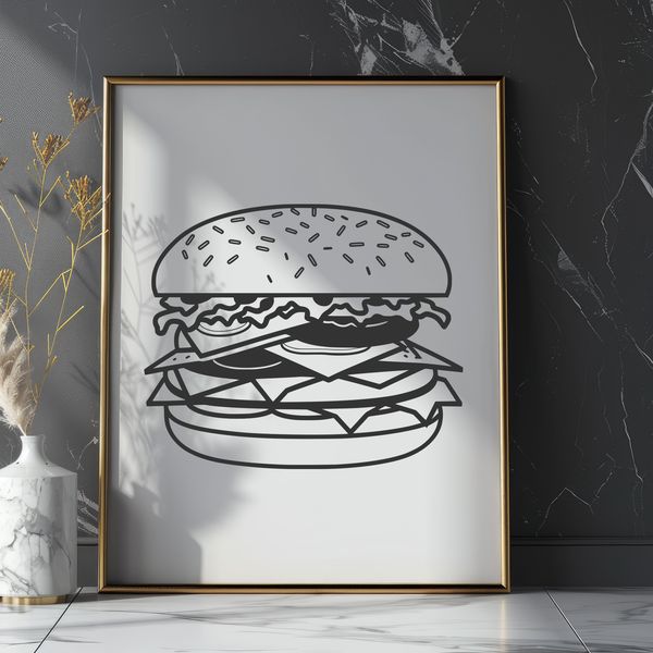 Cheeseburger Illustration A stylized illustration of a classic cheeseburger with lettuce, tomato, and cheese on a sesame seed bun.