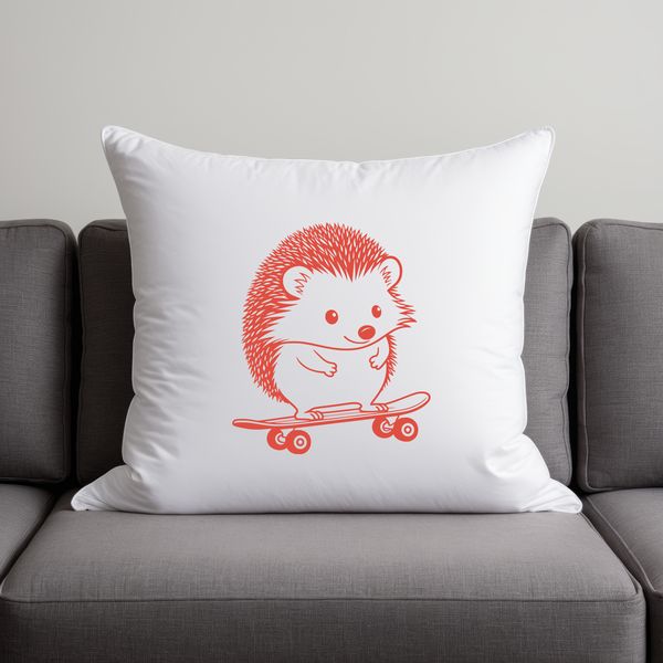 A cartoon hedgehog riding a skateboard in a vector design.