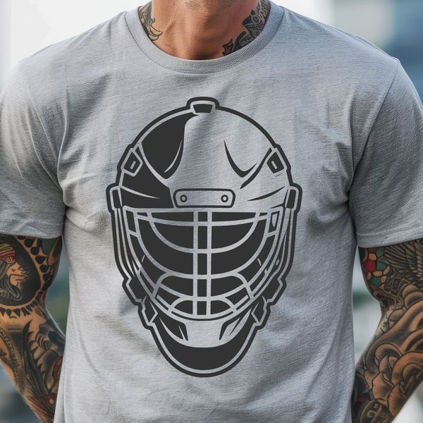 Hockey Player Silhouette Illustrated hockey player wearing a protective mask and standing on ice with a stick in hand.